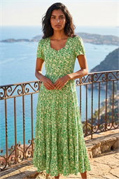 Floral Print Ruched Sleeve Midi Dress
