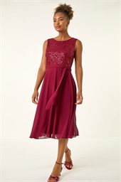 Sequin Bodice Betlted Chiffon Dress