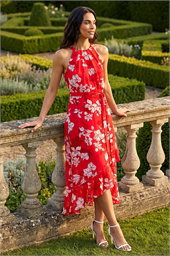 Floral Print Frill Wrap Midi Dress