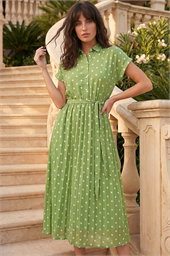 Polka Dot Pleated Shirt Midi Dress 