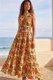 Floral Print Frill V-Neck Maxi Dress
