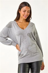 V-Neck Heart Sparkly Detail Jumper