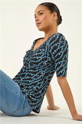 Petite Abstract Print Drawstring Top