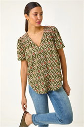 Printed Shirred Shoulder Blouse