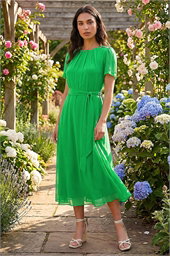 Chiffon Pleat Neck Midi Dress