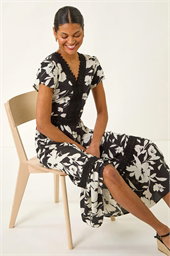 Floral Print Lace Trim Maxi Dress