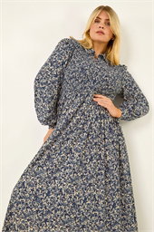 Curve Abstract Print Shirred Midi Dress