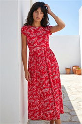 Ditsy Gathered Skirt Stretch Midi Dress