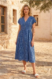 Leaf Print Button Midi Dress