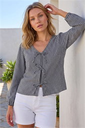 Gingham Print Tie Front Woven Top