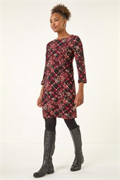 Floral Plaid Panel Shift Dress