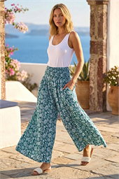 Floral Leaf Shirred Palazzo Stretch Trouser