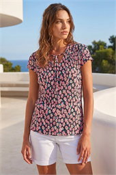 Petite Floral Print Crinkle V-Neck Top