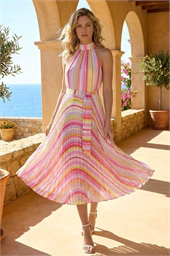 Stripe Print Pleated Midi Dress
