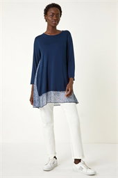 Animal Print Contrast Mesh Hem Stretch Top