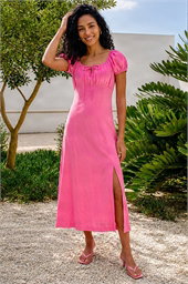 Puff Sleeve Linen Blend Midi Dress