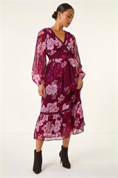 Petite Floral Print Trim Midi Dress