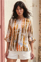 Abstract Print Frill Sleeve Top