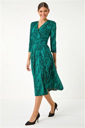 Animal Print Mock Wrap Midi Dress
