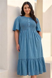 Curve Denim Shirred Midi Dress