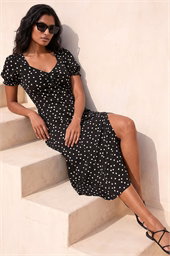 Polka Dot Sweetheart Neck Stretch Midi Dress