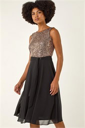Sequin Bodice Belted Chiffon Dress