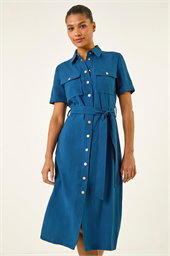 Button Belted Collared Shirt Dress