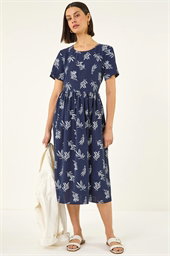 Leaf Print Smock Midi Dress 