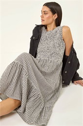 Gingham Shirred Midi Dress