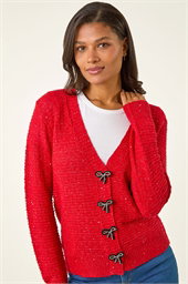 Bow Embellished Sequin Knit Cardigan