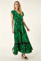 Tropical Leaf Print V-Neck Midi Dress
