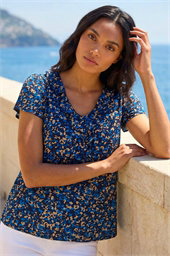 Printed Ruffle V-Neck Stretch Top