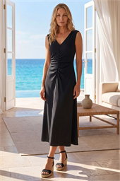 Petite V-Neck Ruched Stretch Midi Dress