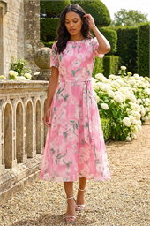 Floral Print Pleat Neck Midi Dress