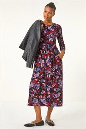 Floral Print Gathered Stretch Midi Dress