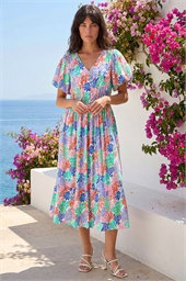 Abstract Print Button Midi Dress