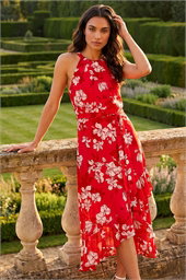 Floral Print Frill Wrap Midi Dress