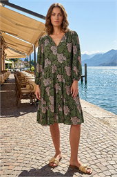 Petite Abstract Leaf Tiered Smock Dress