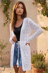 Pointelle Knit Longline Tie Detail Cardigan