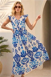 Abstract Print Frill Detail Midi Dress