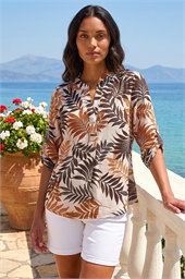 Leaf Print V-Neck Stretch Shirt
