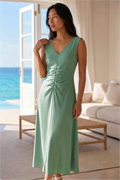 Petite V-Neck Ruched Stretch Midi Dress