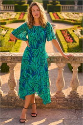 Leaf Print Chiffon Frill Midi Dress