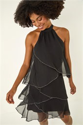 Sequin Trim Tiered Halterneck Dress