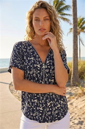 Floral Puff Print Zip Front Top