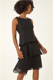 Embellished Neck Tiered Chiffon Dress