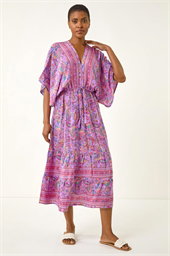 Paisley Print V-Neck Midi Dress