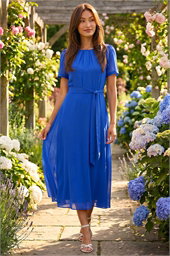 Pleat Chiffon Belted Midi Dress