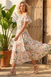 Floral Print Bardot Midi Dress