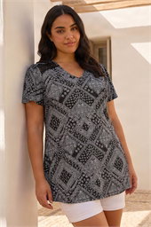 Curve Patchwork Print Lace Top